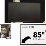 Écran tactile Samsung Flip 2 de 85 pouces proposé par Mise en Scène à La Rochelle et Paris, avec pied motorisé réglable, idéal pour présentations interactives, réunions collaboratives et animations professionnelles